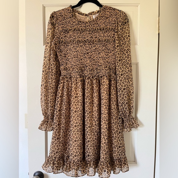 Rachel Parcell Cheetah Print Smocked Ruffle Long Sleeve Dress Size XS - Picture 1 of 11